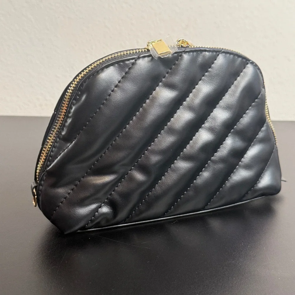 YSL Black Quilted Cosmetic Pouch Gold Logo Makeup Organizer Small Travel Bag NEW